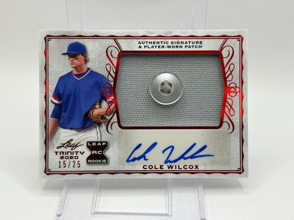 2020 Leaf Trinity Cole Wilcox Rookie Jersey Button Patch Auto 15/25 SP Mariners